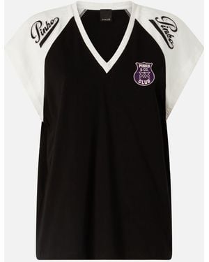 Pinko T-Shirt With V-Neck And Branded Patches - Black