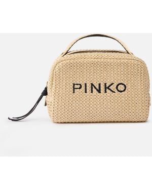 Pinko Small Raffia Bag With Logo And Handle - Natural