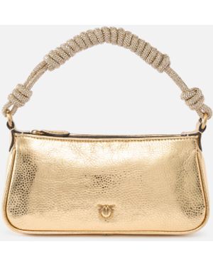 Pinko Mini Half Moon Small Handbag In Laminated Leather With Rhinestones - Metallic
