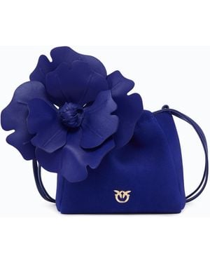 Pinko Suede Shoulder Bucket Bag With Nappa Leather Flower - Blue