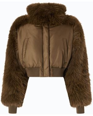 Pinko Short Technical Satin And Faux Fur Bomber Jacket - Brown
