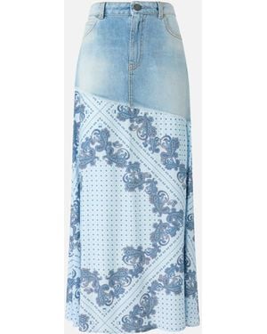 Pinko Denim Midi Skirt With Scarf Print - Blue