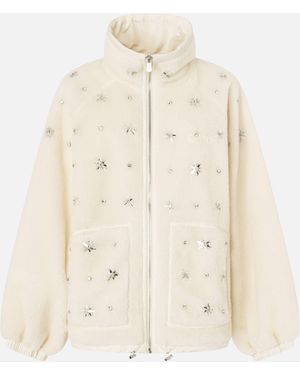 Pinko Fleece Bomber Jacket With Jewel Embroidery - Natural