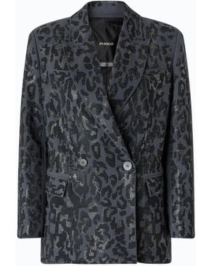 Pinko Double-Breasted Jacket With Rhinestones And Jaguar Motif - Gray