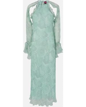 Pinko Silk Midi Dress With Rose Print And Open Shoulders - Green