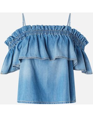 Pinko Denim Top With Ruffle And Open Shoulders - Blue