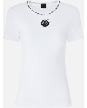 Pinko Fine-Rib T-Shirt With Love Birds Embroidery - White