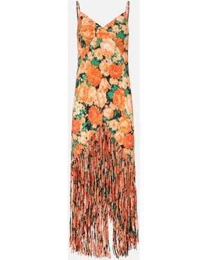 Pinko Long Dress With Fringing And Botanic Garden Print - White