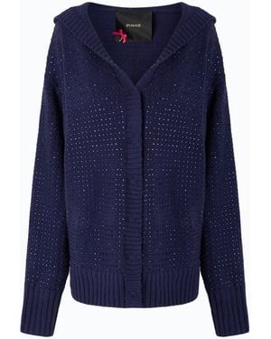 Pinko Cardigan À Capuche En Laine Mélangée Avec Strass All-Over - Bleu