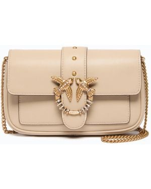 Pinko Love Bag Pocket Small Leather Shoulder Bag With Jewel Buckle - Natural