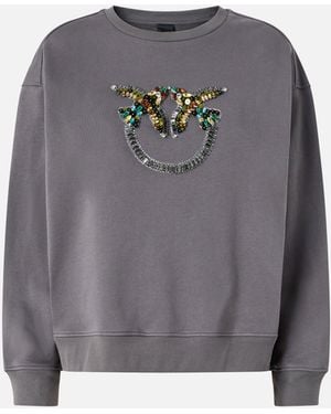 Pinko Sweatshirt With Love Birds Jewel Maxi Embroidery - Gray