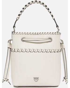 Pinko Small Leather Bucket Bag With Threaded Detailing - White
