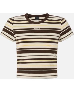 Pinko Cropped Striped T-Shirt With Logo - White