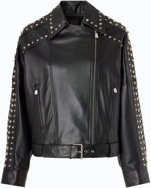 Pinko Nappa Leather Biker-Style Jacket With Studs - Black