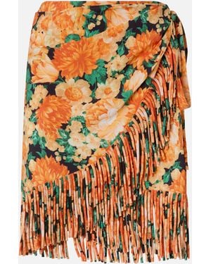 Pinko Short Skirt With Fringing And Botanic Garden Print - Orange