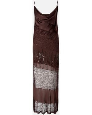 Pinko Satin, Lace And Rhinestone-Fringe Slip Dress - Brown