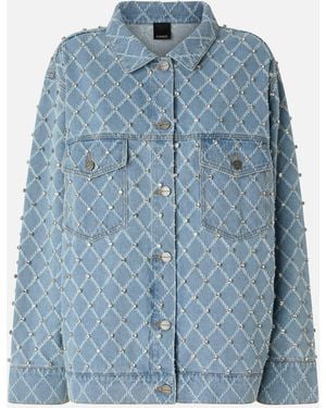 Pinko Denim Jacket With Diamond And Rhinestone Motif - Blue
