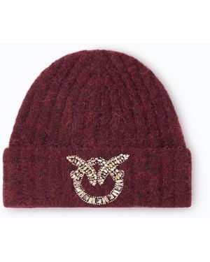 Pinko Wool Beanie With Jeweled Love Birds Logo - Red