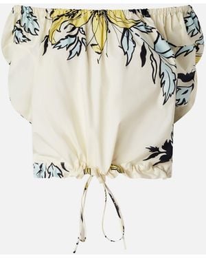 Pinko Blusa De Algodón Con Flores Y Hombros Descubiertos - Blanco