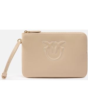 Pinko Clutch Fürs Handgelenk Aus Leder Mit Vogel-Logo, -Rauchgrau-Antikgold - Natur