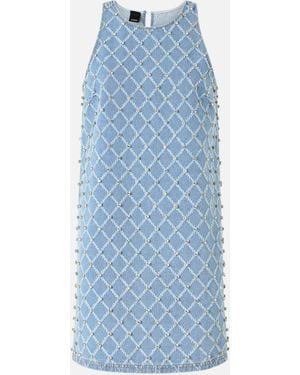 Pinko Denim Mini Dress With Diamond And Rhinestone Motif - Blue