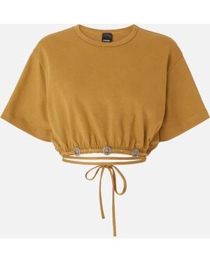 Pinko Cropped T-Shirt With Lace And Texan Details - Natural