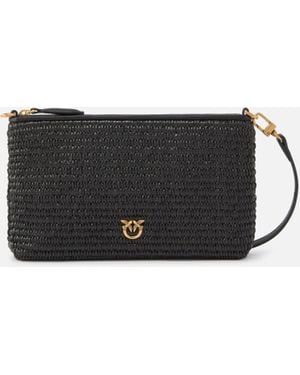 Pinko Small Flat Bag In Crocheted Raffia With Removable Shoulder Strap - White