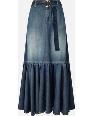 Pinko Long Denim Skirt With Flounce And Belt - Blue