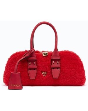 Pinko Bolso De Mano Pequeño Escape Bag Horizontal Efecto Peluche Con Detalles De Piel - Rojo