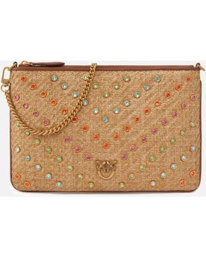 Pinko Medium Raffia Flat Bag With Colored Rhinestones - White