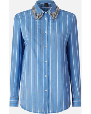 Pinko Striped Shirt With Rhinestone-Embroidered Collar - Blue