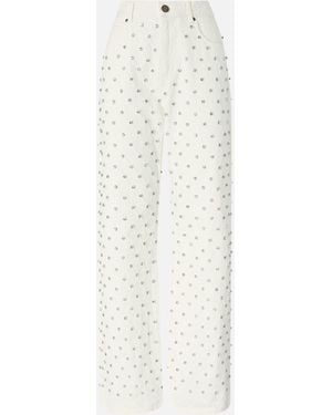 Pinko Wide-Leg Jeans With Diamond Pattern And Rhinestones - White