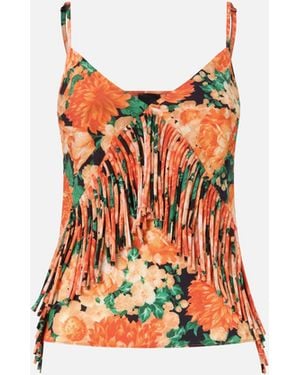 Pinko Sleeveless Top With Fringing And Floral Print - White