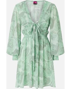 Pinko Mini Dress With Rose Print And Bow - Green