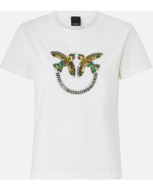 Pinko T-Shirt With Love Birds Jewel Maxi Embroidery - White