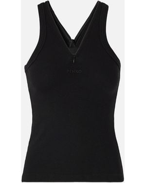 Pinko Rib-Knit Tank Top With V-Neck And Logo - Black