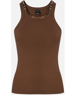 Pinko Ribbed Top With Bejewelled Embellishment - Brown