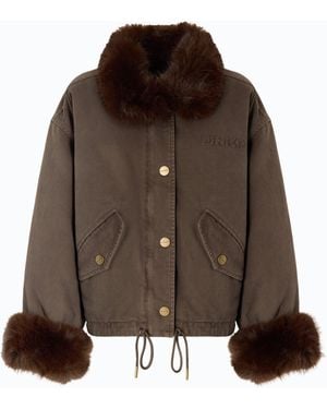 Pinko Cotton Pea Coat With Faux Fur Details - Brown