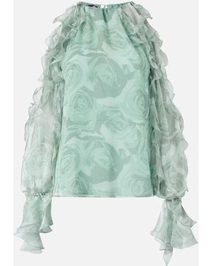 Pinko Silk Blouse With Rose Print And Open Shoulders - Green