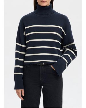 SELECTED Pull Droit Col Roulé À Rayures Femme - Bleu