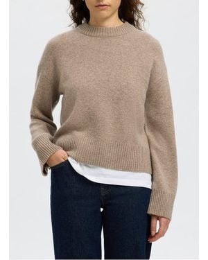 SELECTED Pull Droit Col Montant En Laine Et Cachemire Femme - Marron