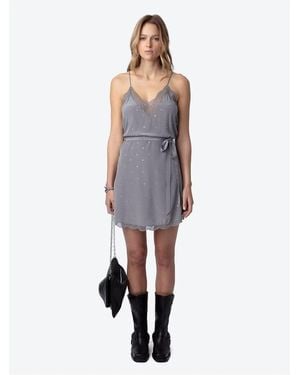Zadig & Voltaire Robe Courte Caraco À Strass En Soie Femme - Gris