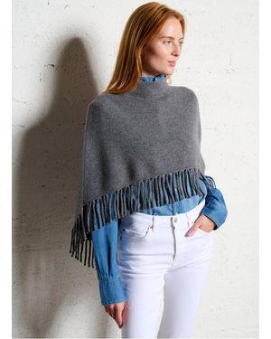 Berenice Poncho Ample Frangé En Laine Femme - Bleu