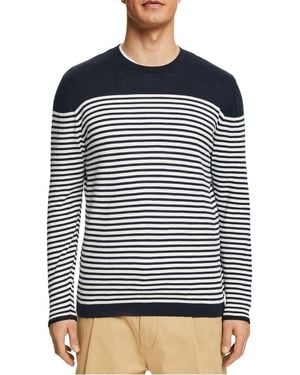 Esprit Pull Col Rond En Coton Rayé - Bleu