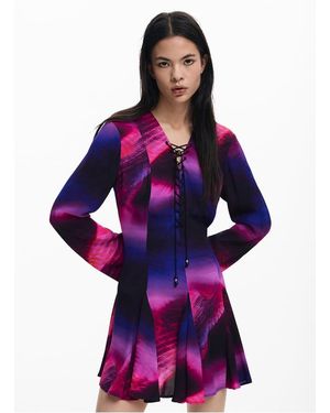 Desigual Robe Courte Col V Imprimée Femme - Violet