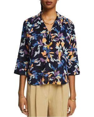Esprit Chemisier Col Tailleur Droit En Coton Imprimé Femme - Bleu