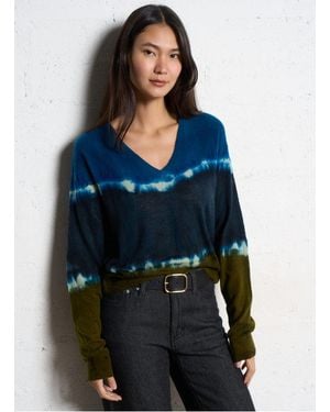 Mes Demoiselles Pull Ample Col V Motif Tie And Dye En Laine Mélangée Femme - Bleu