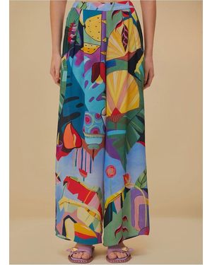 FARM Rio Pantalon Large Taille Haute Imprimé Femme - Bleu
