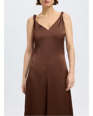 SELECTED Robe Longue Col V Satinée Femme - Marron