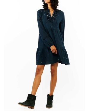 Wild Robe Courte Col Tunisien Brodé En Coton Femme - Bleu
